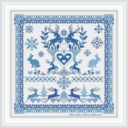 sampler christmas tree deer snowflakes cross stitch pattern holiday winter new year panel monochrome counted crossstitch