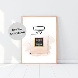 orange black perfume bottle fashion illustration wall decor  - ink digital print