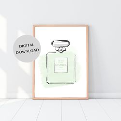 green perfume bottle fashion illustration wall decor  - ink digital print