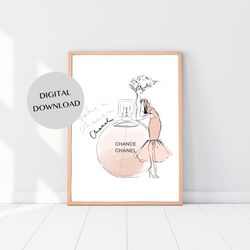 orange round perfume bottle fashion illustration wall decor  - ink digital print