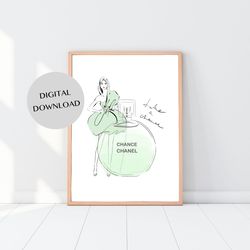 green round perfume bottle fashion illustration wall decor  - ink digital print