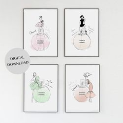 round perfume bottle fashion illustration wall decor collection  - ink digital print