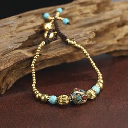 handwoven ethnic style bracelet for women, copper bead, retro, simple, waterproof, warning line, yoga charm, fashion