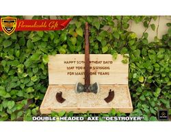 custom handmade hand forged double headed viking axe with box engraved personalized norse mythology best gifts