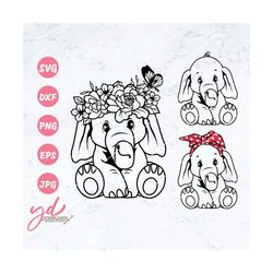 baby elephant svg | elephant svg | cute svg | floral elephant svg | elephant with flowers | elephant with bandana | elep