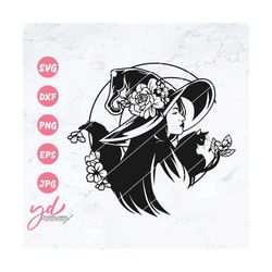 floral witch svg | cat svg | raven svg | witchy svg | witch png | beautiful witch svg | floral witch with cat and raven