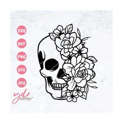 floral skull svg | flower skull svg | half floral | skull svg | flower skull clip art | sugar skull svg | skull vector |