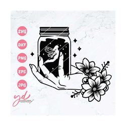 fairy svg | fairy silhouette svg | fairy in a jar svg | floral hand holding jar svg | hand svg | mason jar | flowers svg