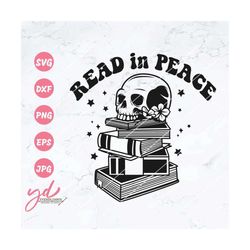 read in peace svg png | book piles with skull svg | bookworm svg | book lover svg | skull svg | books svg |halloween flo