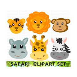 safari jungle animal faces clipart set, safari png, cute animals, safari animals clipart, safari theme party,safari stic