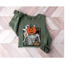 pumpkin skeleton drinking coffee shirt, funny halloween t shirt, skeleton coffee lover shirts, enjoy pumpkin sweatshirt,