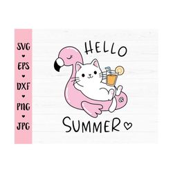 hello summer svg cute cat layered cut file kawaii cat on flamingo lifebuoy cutting file funny beach vacation shirt silho