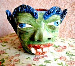 ceramic mug art face elf devil handmade stoneware clay pottery glazed vase