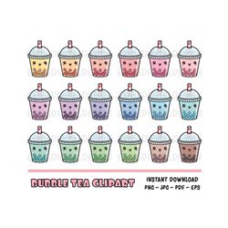 bubble tea kawaii clipart set cute bubble tea clip art boba tea cliparts printable planner stickers funny vector graphic