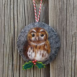 tawny owl felt christmas ornament, needle felted owl