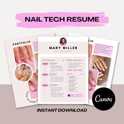 nail tech resume, nail artist portfolio, nail technician cv sample, editable in canva
