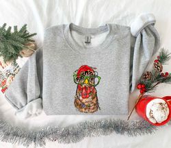 christmas chicken with leopard santa hat and christmas lights sweater,farmer family hoodie,santa chicken sweatshirt,farm