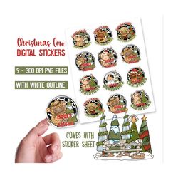 printable stickers, png files, christmas cow stickers, farm stickers, christmas png, cricut designs, silhouette files, d