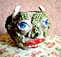 ceramic devil mug art face handmade stoneware clay pottery glazed vase