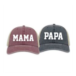 mama and papa hats, pregnancy announcement hat, gender reveal hats, pigment dyed baseball caps, vintage style caps, matc