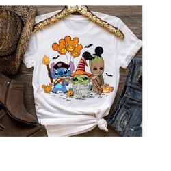 disney stitch baby yoda and groot halloween witch costume shirt, spooky season mickey balloon shirt, disneyland hallowee