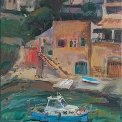 fishing boats on mallorca, spain, acrylic painting, mallorca art, marina landscape