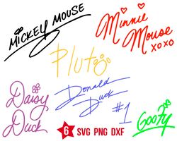 disney character signatures, autographs, mickey and friends, villains, princesses, toy story, pooh, signatures, svg,