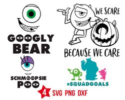 disney monsters inc svg, sully svg, mike wazowski svg, boo svg, monsters university svg, we scare becaus we care