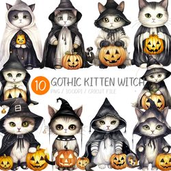 gothic kitten witch png | halloween pumpkin clip art, watercolor, spooky, jack o lantern, witch hat, wizard gown, robe