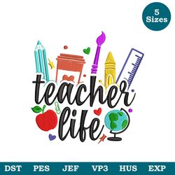 teacher life embroidery design, back to school embroidery design, best teacher embroidery file, school embroidered shirt