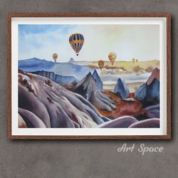 original watercolor painting cappadocia landscape, balloons, for home interior-mountains- turkey-watercolor painting-sky