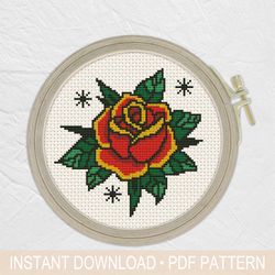 old school rose cross stitch pattern pdf, tattoo cross stitch - instant download