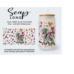 happy halloween 16oz glass can tumbler wrap png, trick or treat, spooky season, halloween pumpkin png, skeletons png, ha