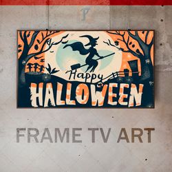 samsung frame tv art digital download, frame tv halloween art, horror scene, mysterious setting, witch flying, magical