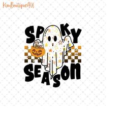 spooky season png, retro spooky season png, retro halloween spooky png, ghost holding pumpkin png, cute spooky png, cute