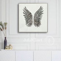 silver wings wall art angel wings textured art original painting silver and white abstract art | modern wall decor