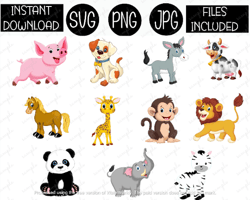 11 pk baby cute jungle animals bundle, pig cow dog lion etc nursery baby shower jpg png svg files sublimation cricut