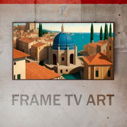 samsung frame tv art digital download, frame tv renaissance classic, frame tv coastal cityscape, maritime bay botticelli