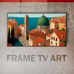 samsung frame tv art digital download, frame tv renaissance classic, frame tv coastal cityscape, maritime bay botticelli