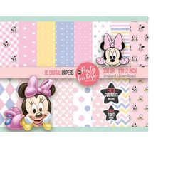 Minnie Baby Girl Mouse Pink 16 Digital Paper & free PNG Clipart and 1 Font included, Girls, Scrapbook papers digital - I