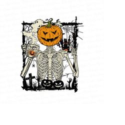 pumpkin skeleton drinking coffee png, skeleton png, sublimation designs, skeleton coffee, coffee mug, coffee png, coffee