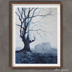 original watercolor painting "tree" tree- foggy monochrome-abstraction-blue painting-blue painting-watercolor painting-