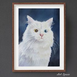 original watercolor painting "van kedisi" cat- turkish best gift, for office, home interior, wall decor, for teenagers
