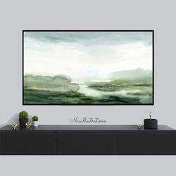 samsung frame tv art abstract landscape - misty green river watercolor minimalist downloadable, digital download art