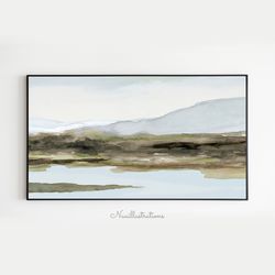 samsung frame tv art mountain lake river landscape watercolor, neutral minimalist downloadable, digital download art