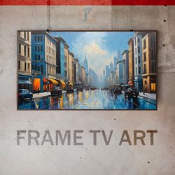 samsung frame tv art digital download, frame tv urban painting, frame tv urban landscape, city life, city skyline, blue
