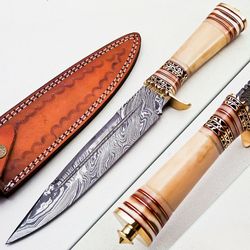 Custom Handmade Damascus Steel Hunting Bowie Knife Camel Bone Handle