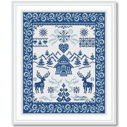 cross stitch pattern sampler christmas tree deer snowflakes holiday winter new year panel monochrome counted crossstitch