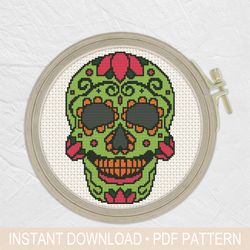green sugar skull cross stitch pattern pdf, mexican cross stitch - instant download