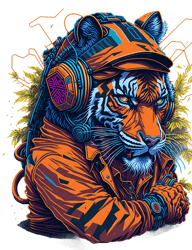 tiger as a dj, wearing headphones